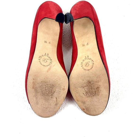 Women's 9N Red Peep Toe Mob Wife Career Chic Preppy Delman Suede Pumps Heels - Picture 8 of 13